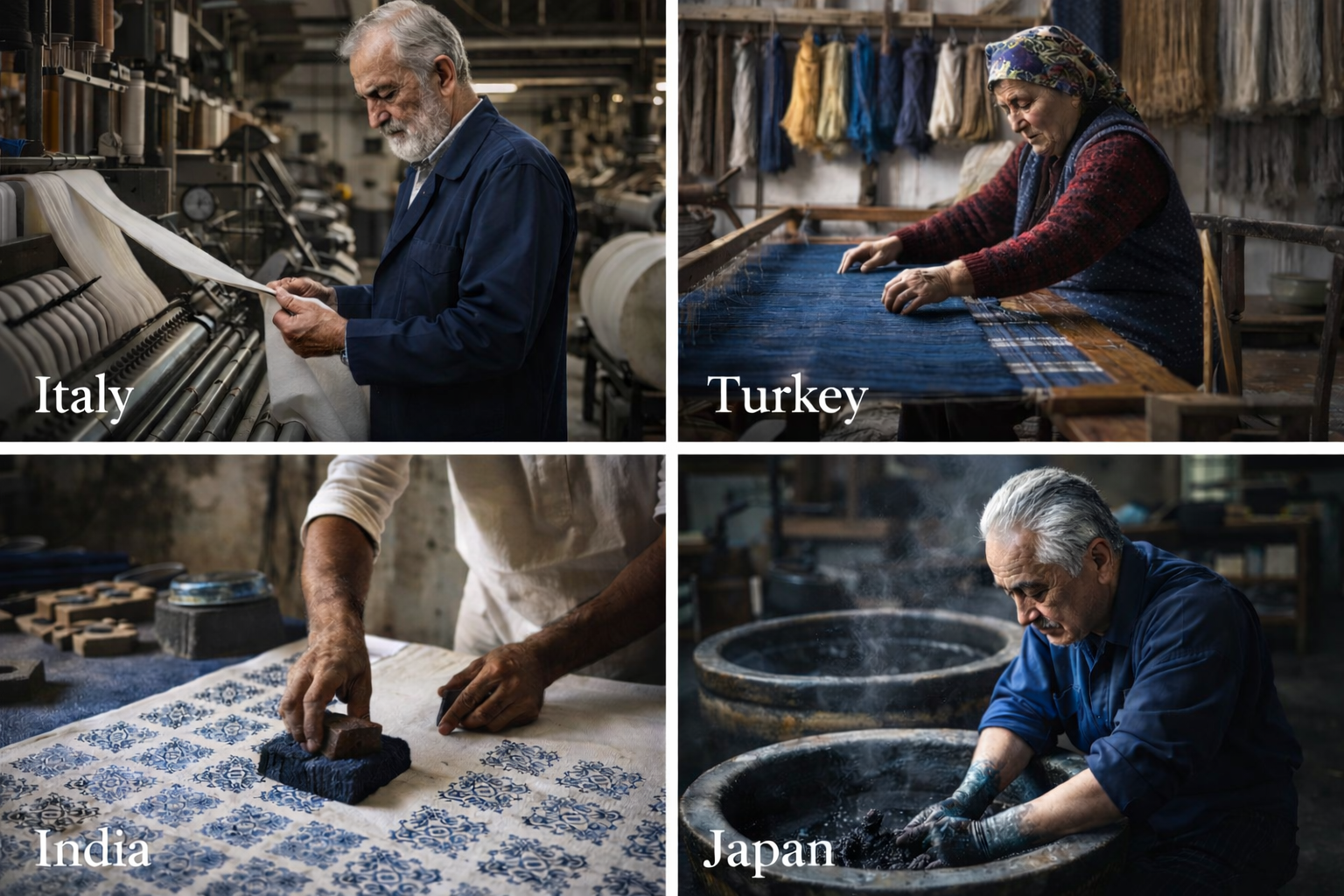 Four-panel sourcing overview showing Italy, Turkey, India, and Japan textile artisans and workshops.