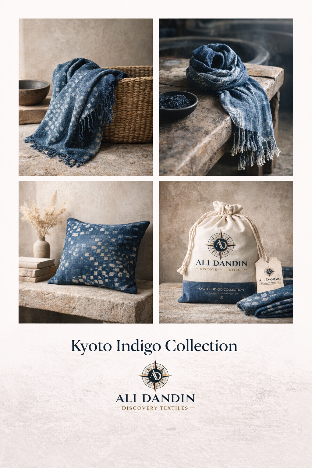 Kyoto Indigo Collection board featuring throw, scarf, pillow, and packaging.