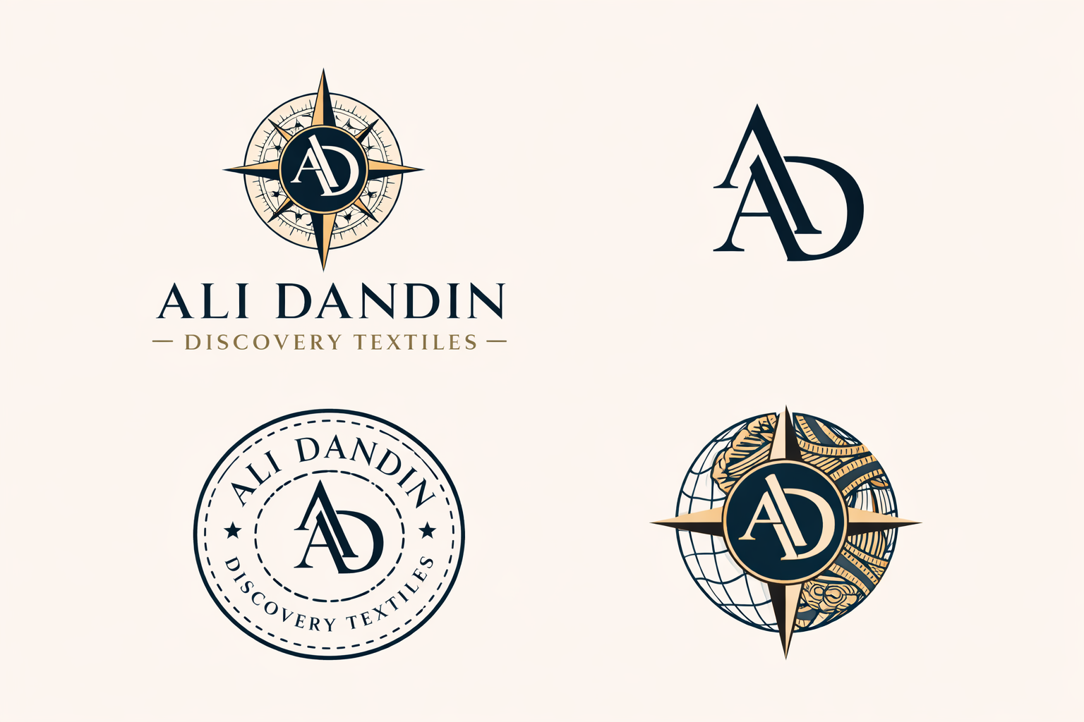 Ali Dandin combined logo suite with primary logo, monogram, passport stamp, and textile globe variations.