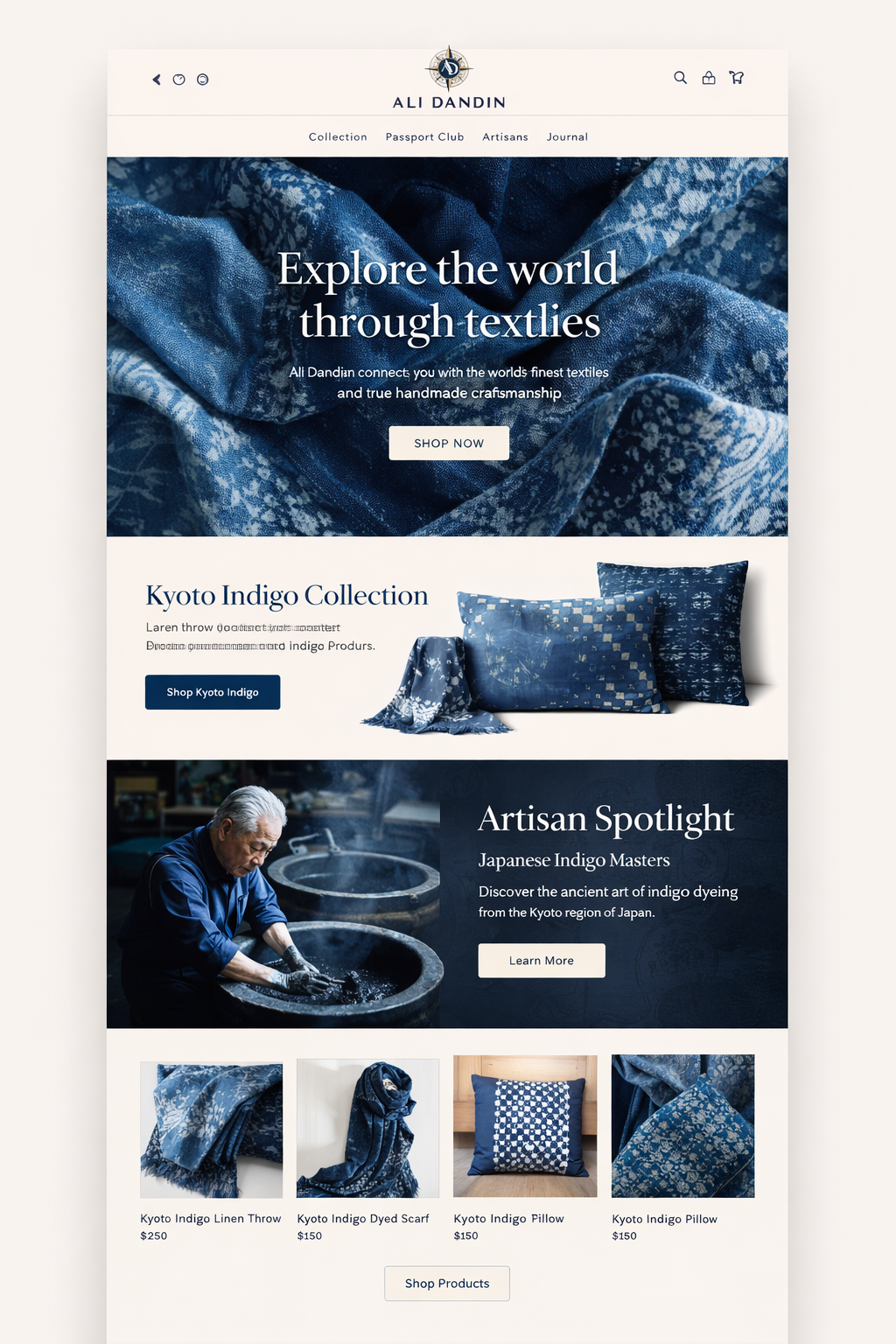 Ali Dandin homepage mockup with indigo textiles, artisan spotlight, and product grid.